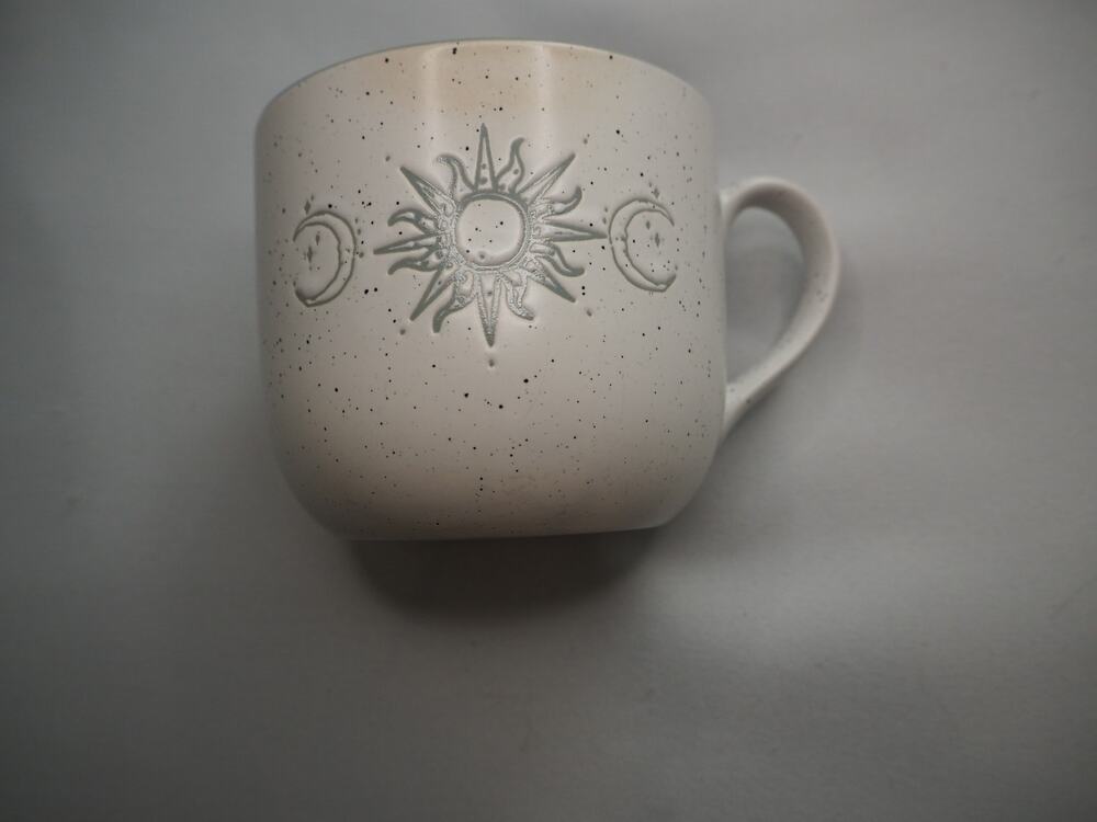 Celestial Sun Moon Speckled Ceramic Coffee Mug Oversized Mint Interior Witchy